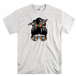 Autism Awareness, Mom, Messy Bun Hair,  T Shirt